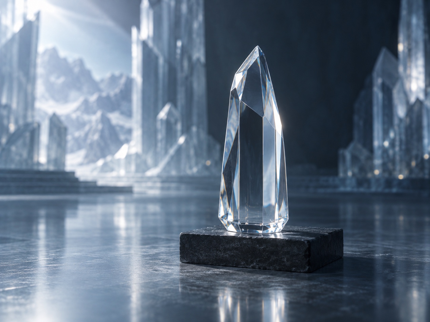 Concept illustration of a faceted clear glass keepsake on a dark plinth