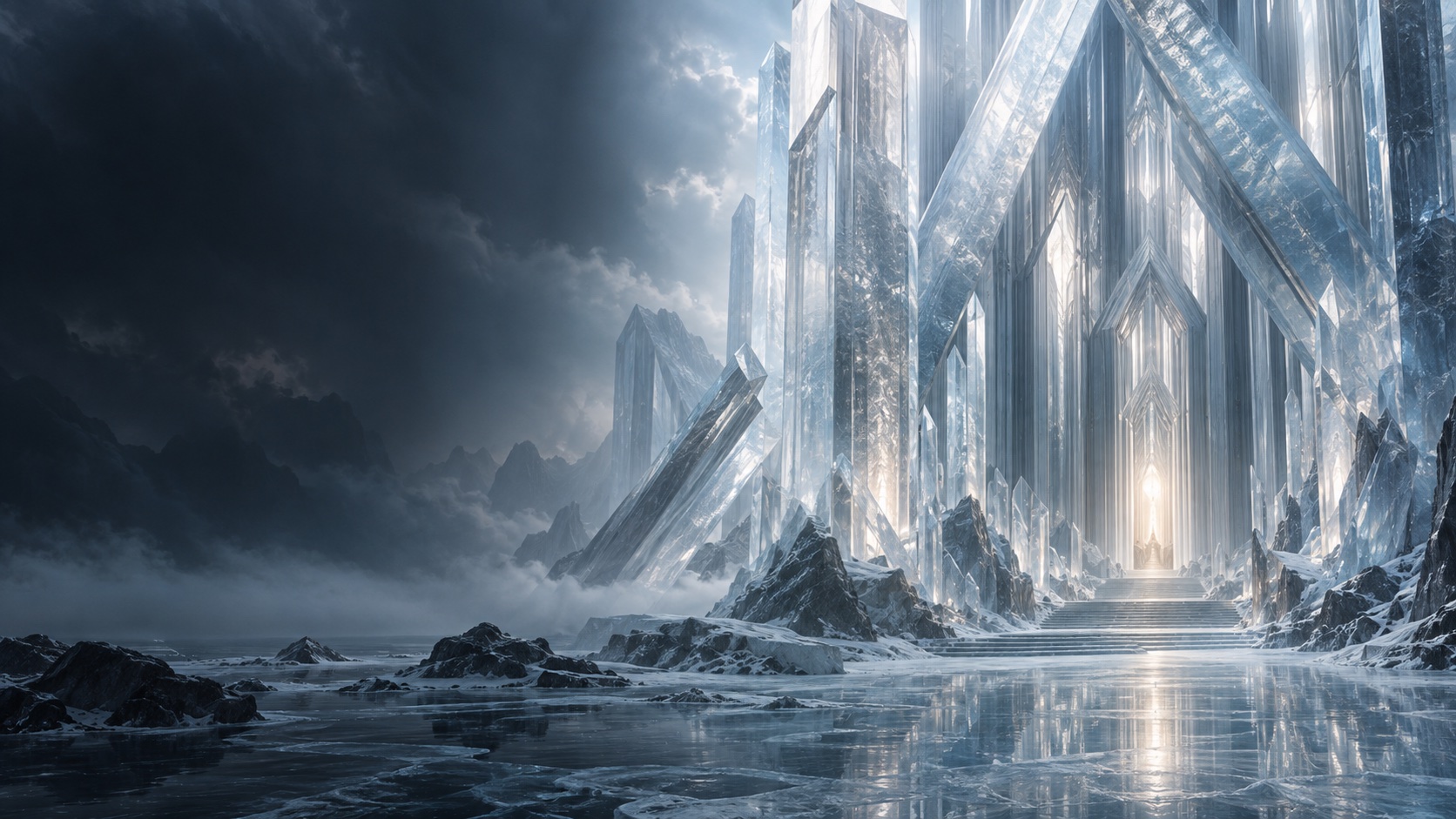A luminous sanctuary of monumental ice crystals, opening towards a distant light